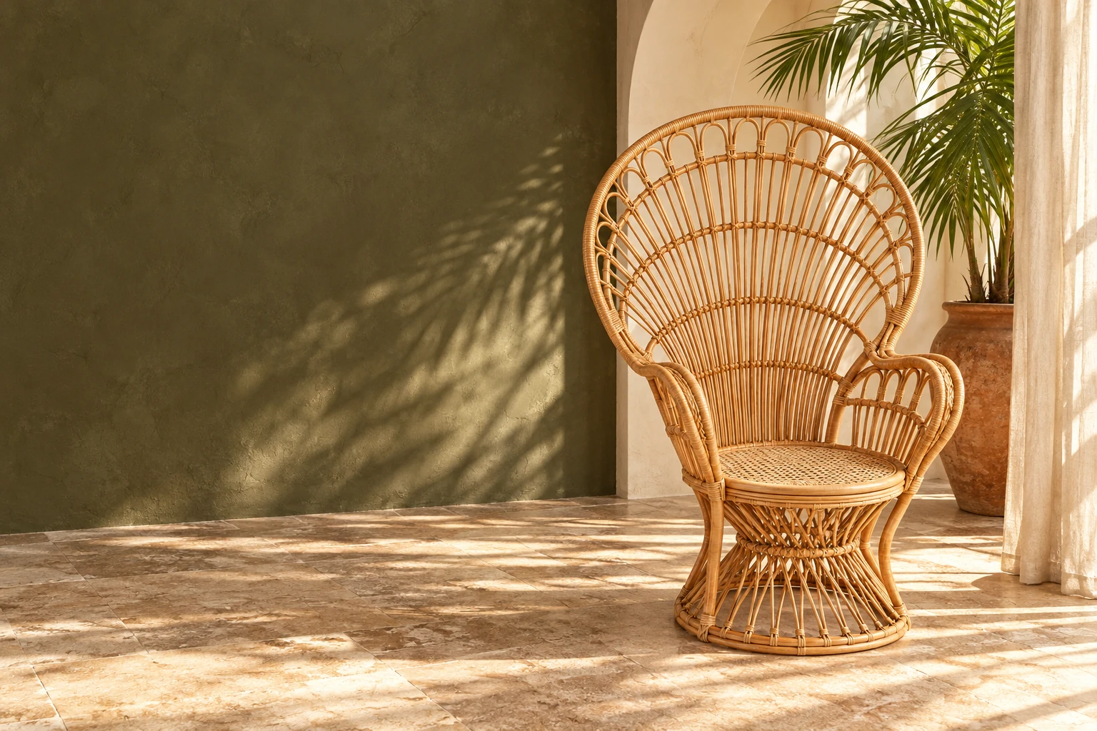 A rattan peacock chair in a sunlit room with warm plaster walls and palm shadows