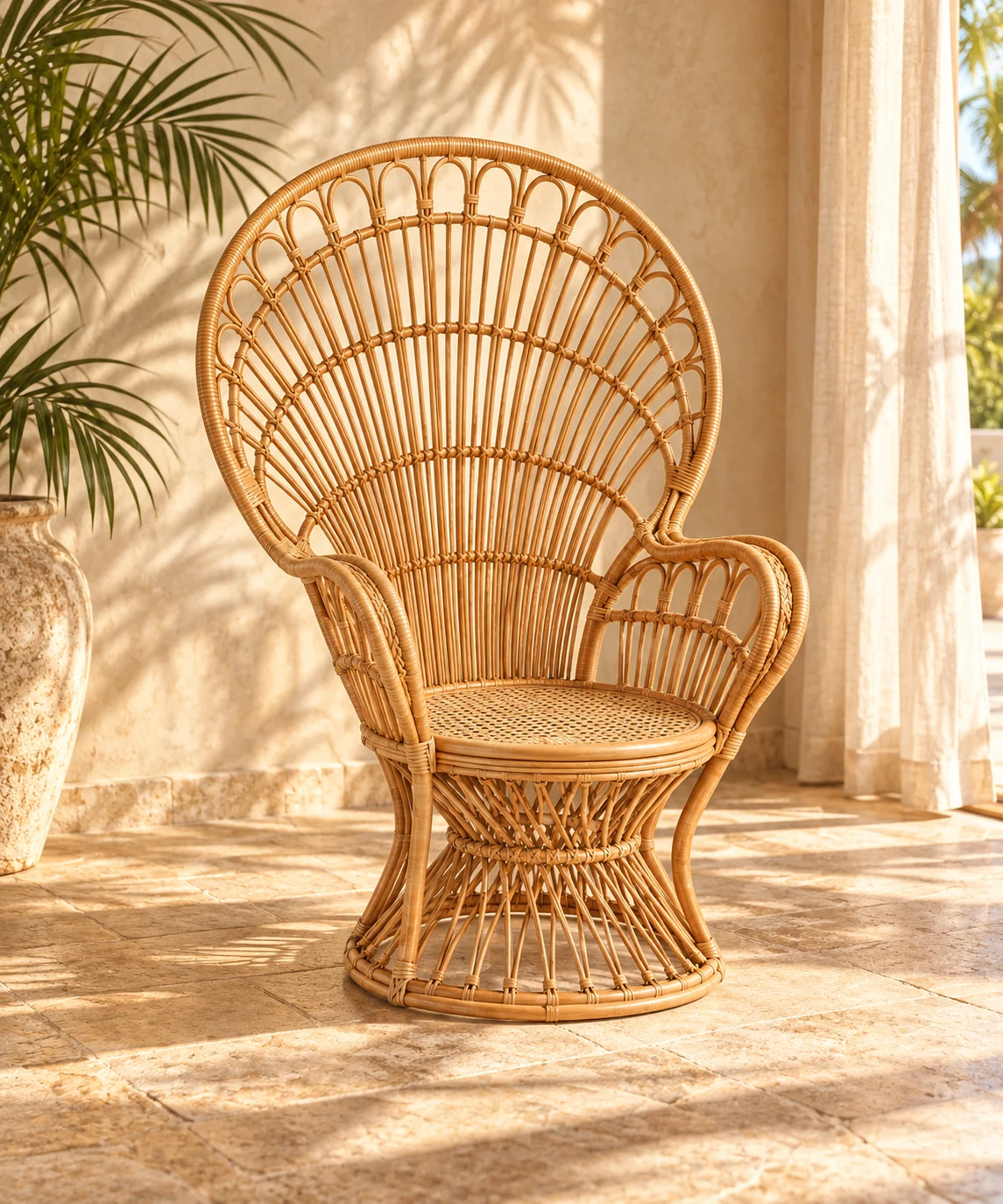 A calm interior with a sculptural rattan peacock chair